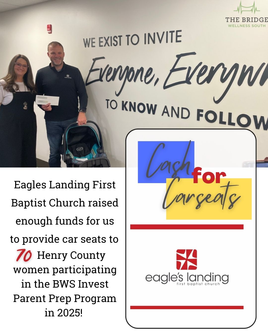 Eagles Landing First Baptist Church members present donation for 70 car seats to support Henry County families in The Bridge Wellness South’s Invest Parent Prep Program.